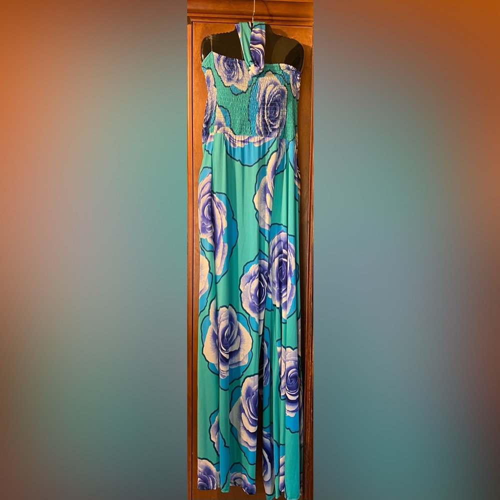 Turquoise and purple 2X one piece strapless jumper with sash
